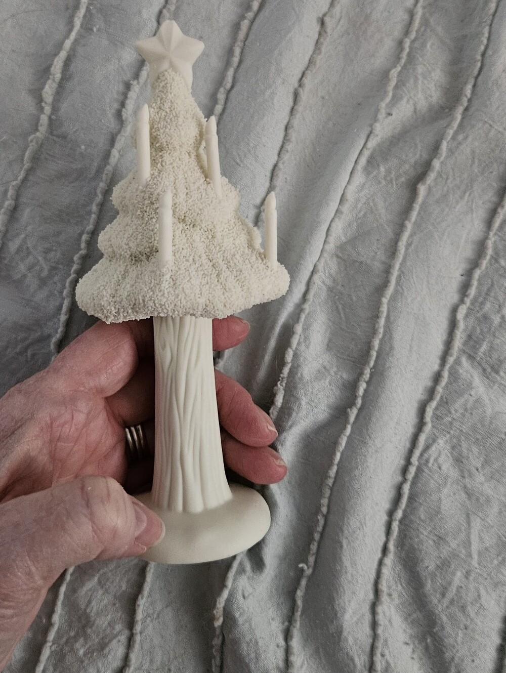 White Ceramic Christmas Tree Candle Snow Babies Textured 7 Inch